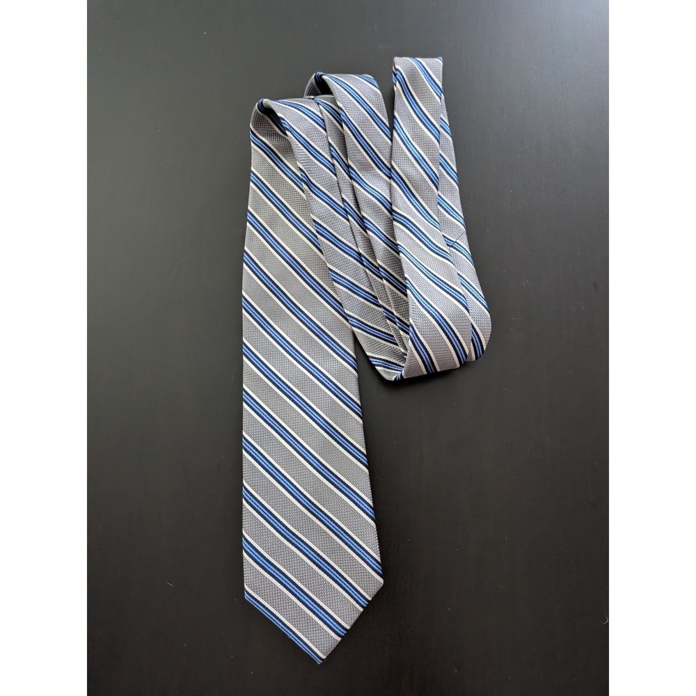 Jos. A Bank Traveler Tie Regimental Stripe Necktie Gray Blue Silk 60" L , 3.5" W